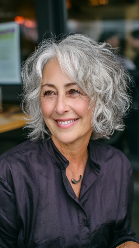 Chic Textured Grey Bob with Soft Curls
