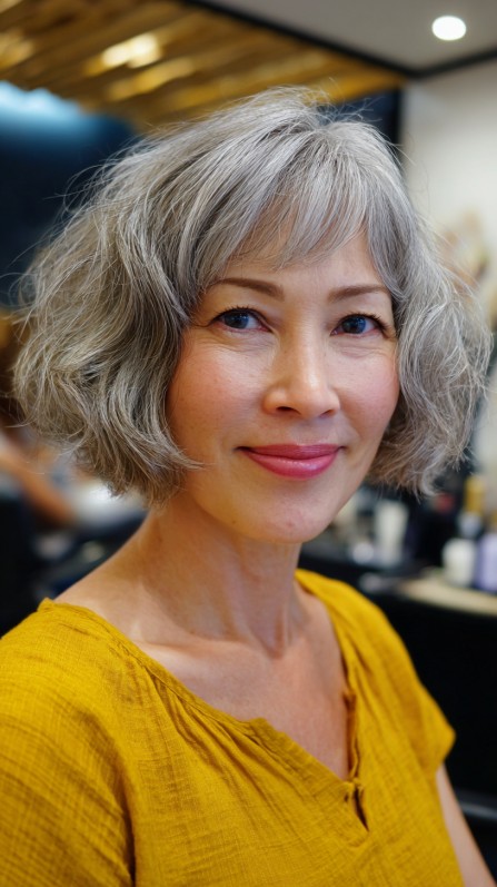 Chic Textured Grey Bob with Wispy Bangs