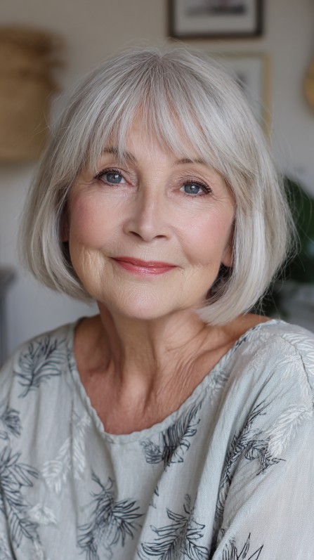 Classic Elegant Grey Bob with Subtle Fringe