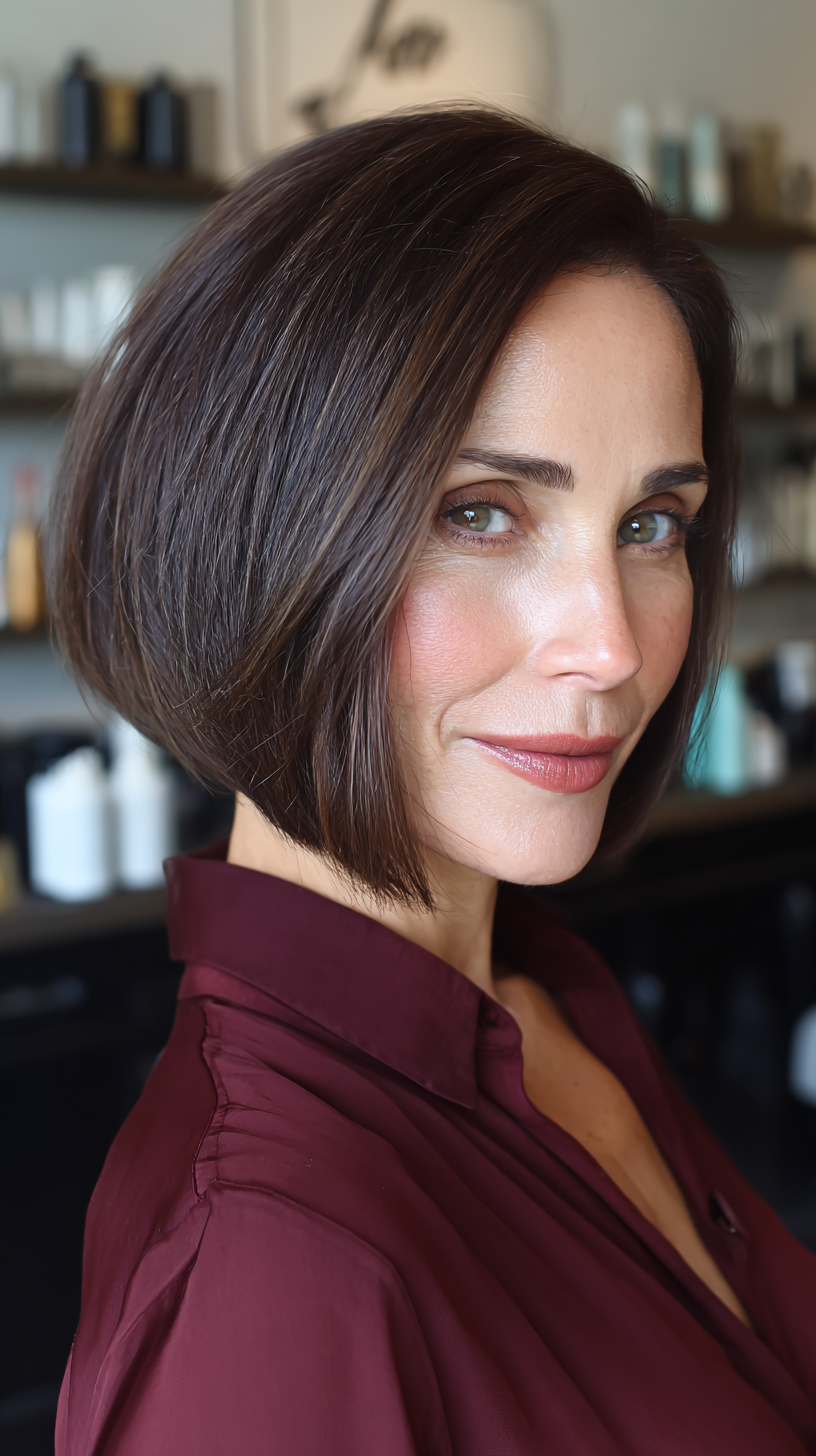 Contemporary Brunette A-Line Bob with Subtle Dimension