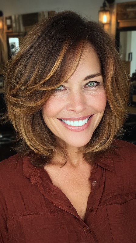 Dynamic Layered Bob with Warm Chestnut Highlights