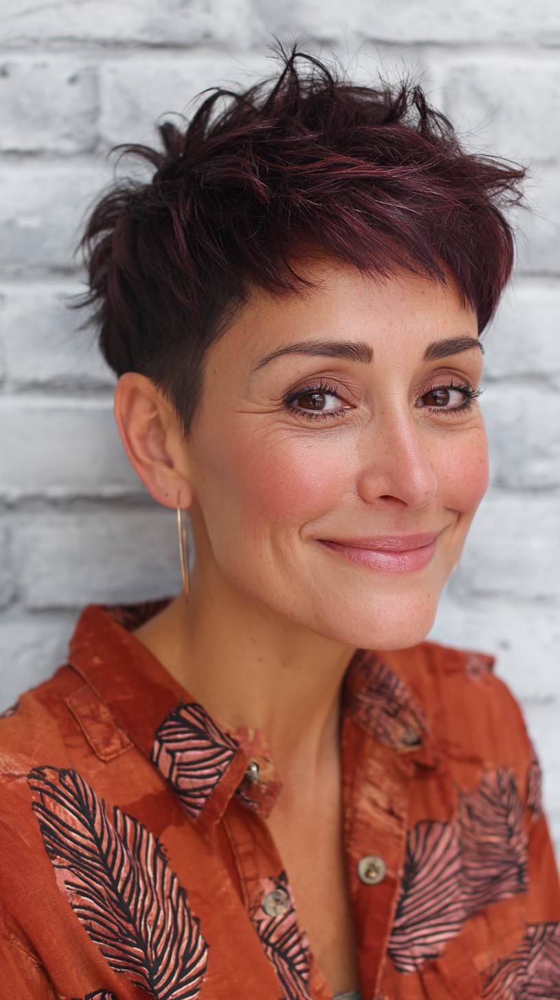 Edgy Textured Pixie Cut with Bold Burgundy Highlights