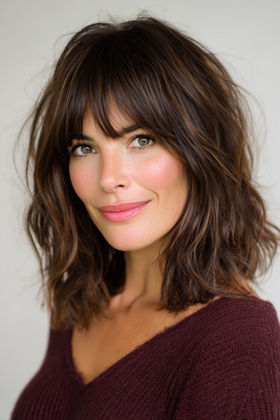Effortlessly Textured Layered Bob with Subtle Bangs