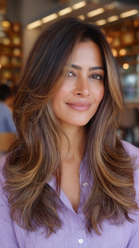 Long Layered Hair with Warm Balayage Highlights