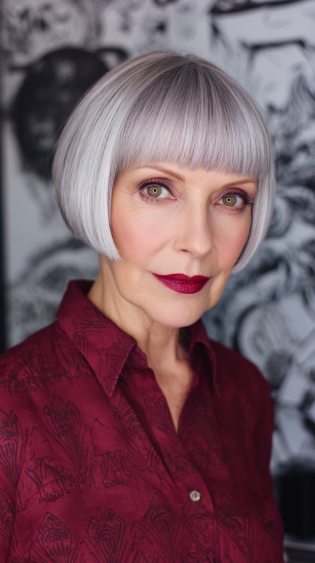 Sleek Silver Bob with Bold Bangs