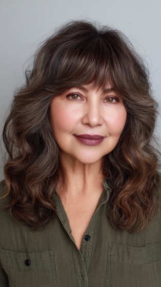 Soft Layered Curls with Face-Framing Bangs