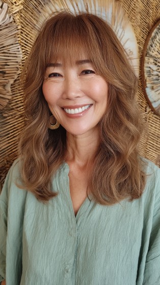 Soft Layered Waves with Subtle Face-Framing Bangs