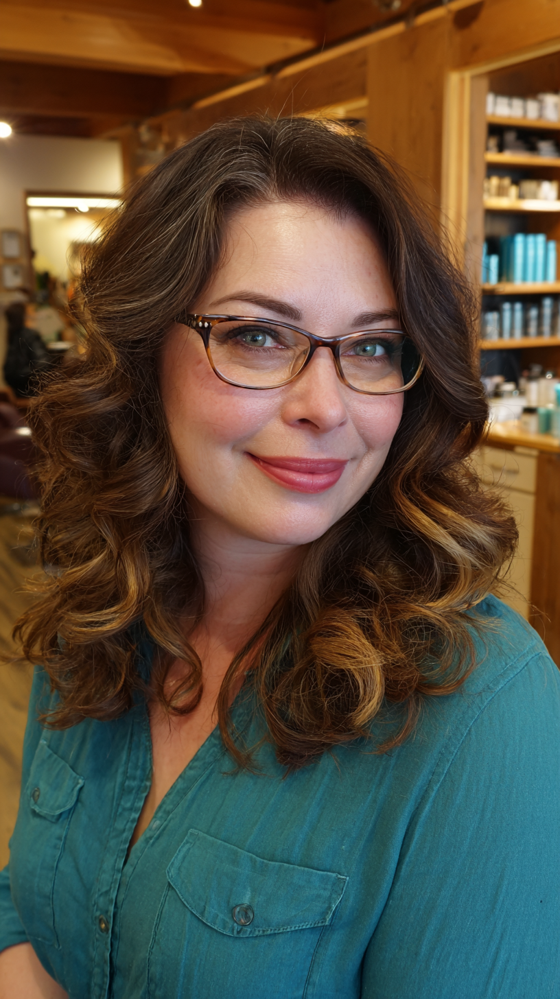 Softly Curled Brunette Layers with Warm Highlights