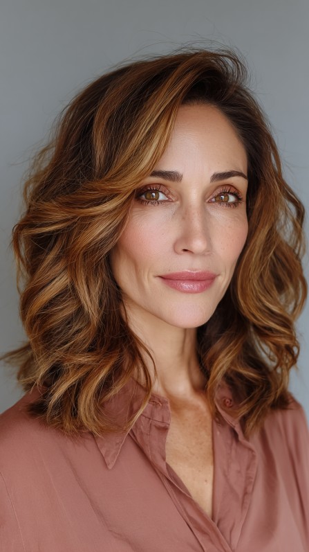 Softly Textured Medium-Length Waves with Warm Caramel Balayage