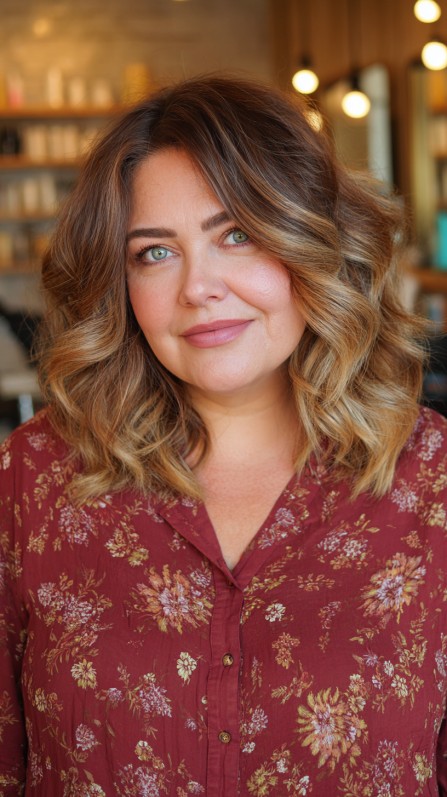 Stylish Medium-Length Waves with Warm Honey Balayage
