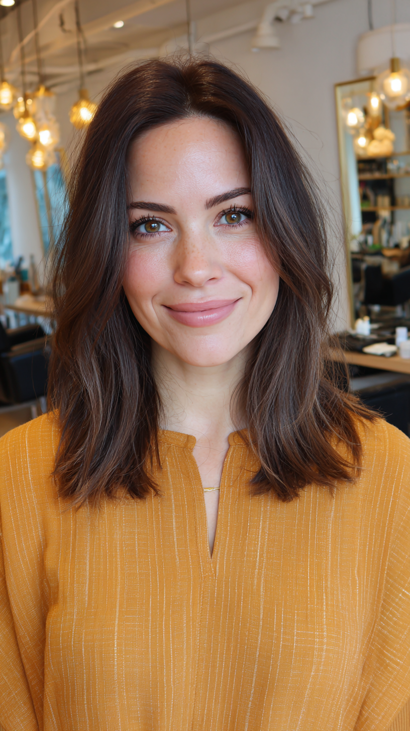 Textured Brunette Lob with Subtle Face-Framing Layers