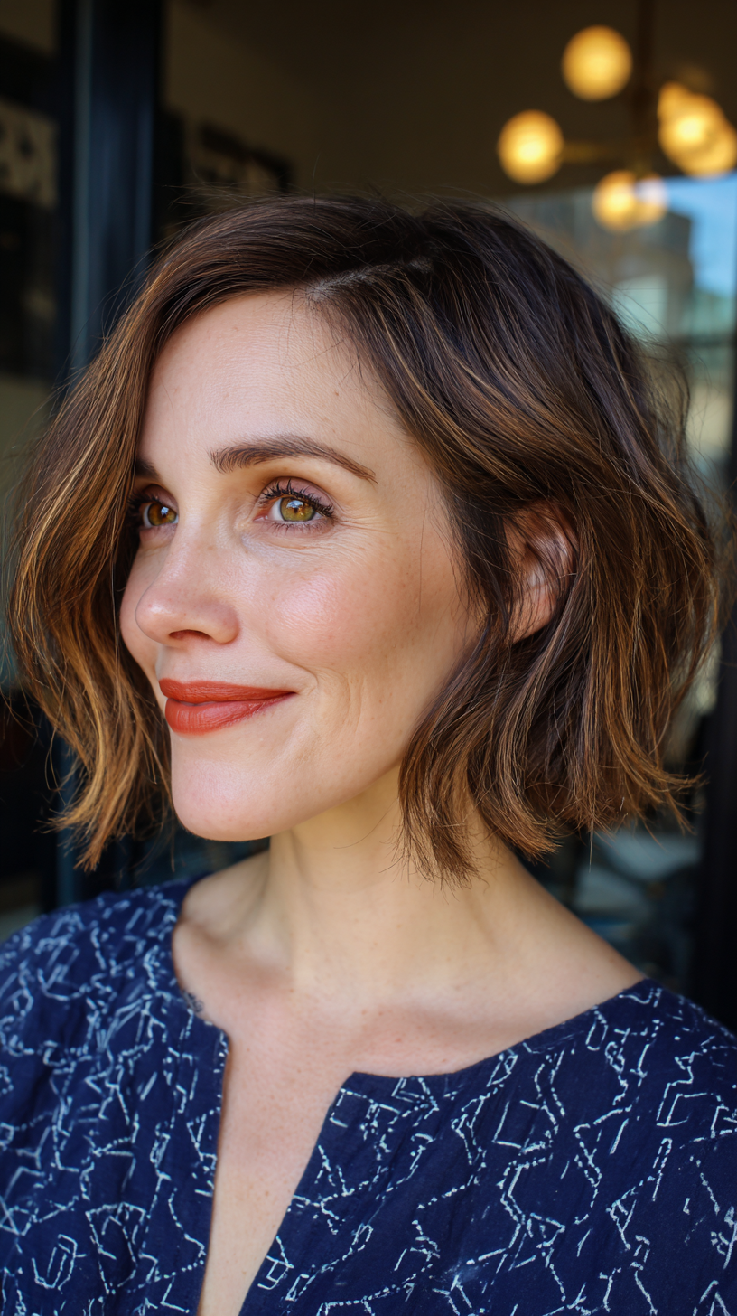 Textured Brunette Lob with Subtle Highlights