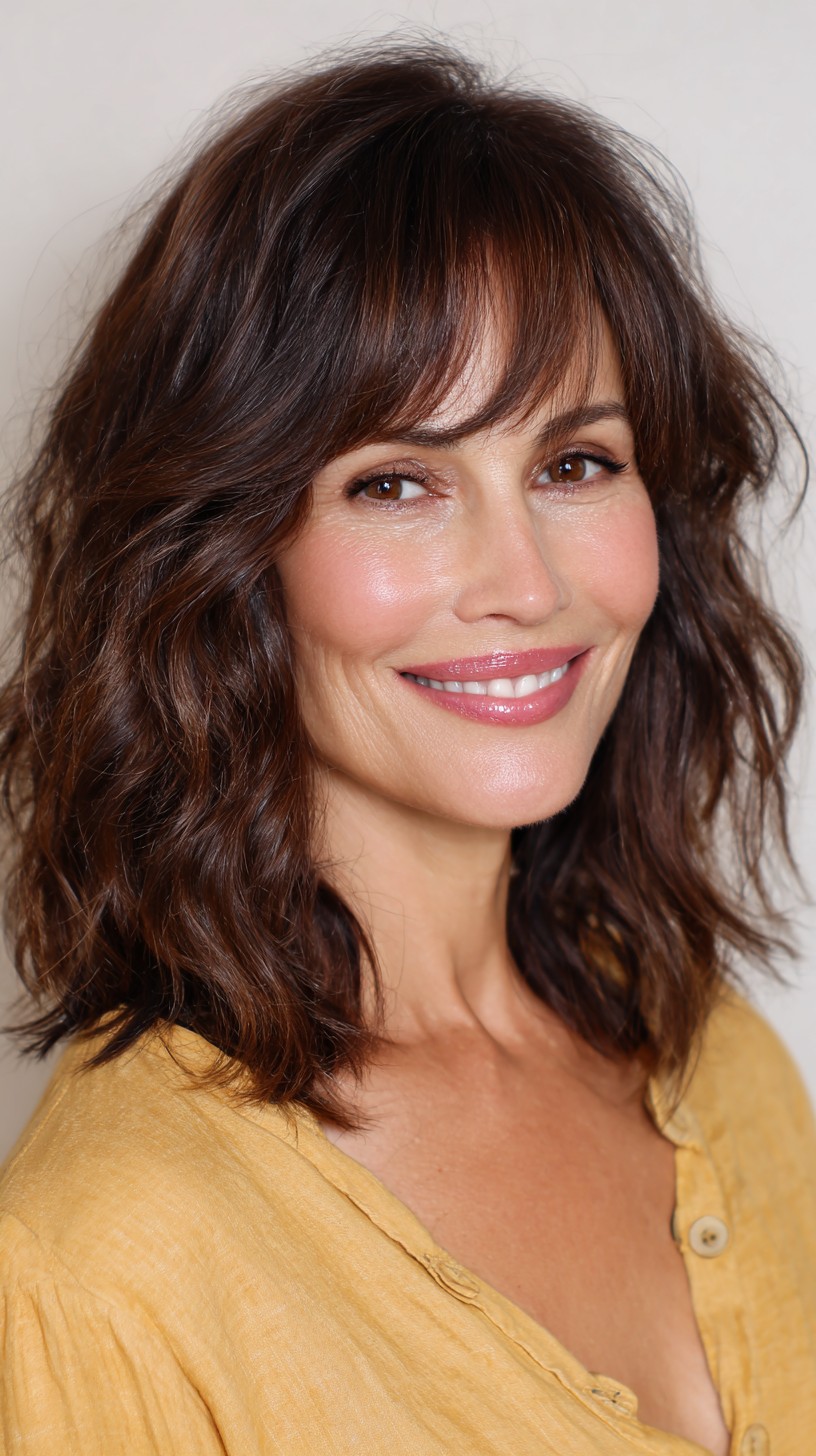 Textured Mid-Length Waves with Soft Bangs
