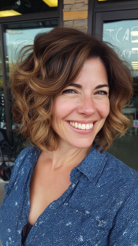 Textured Shoulder-Length Curls with Warm Caramel Balayage