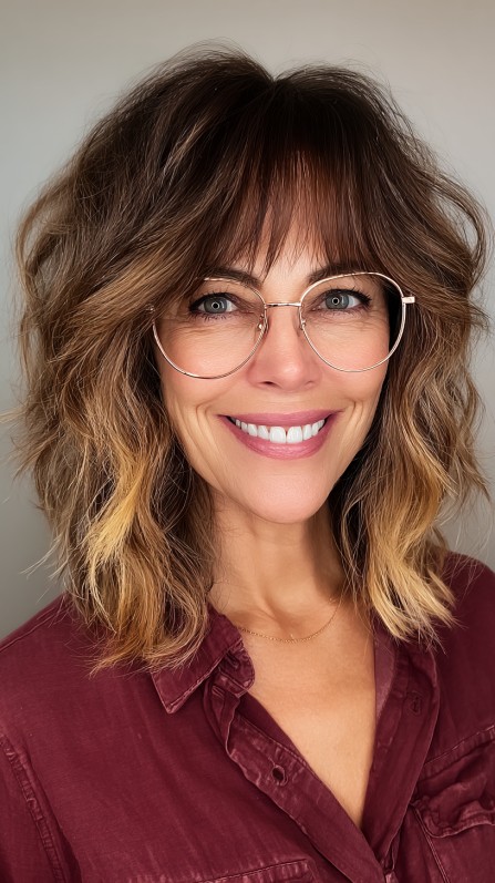 Textured Shoulder-Length Cut with Soft Caramel Highlights