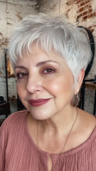 Textured Silver Razor-Cut Pixie with Soft Layers