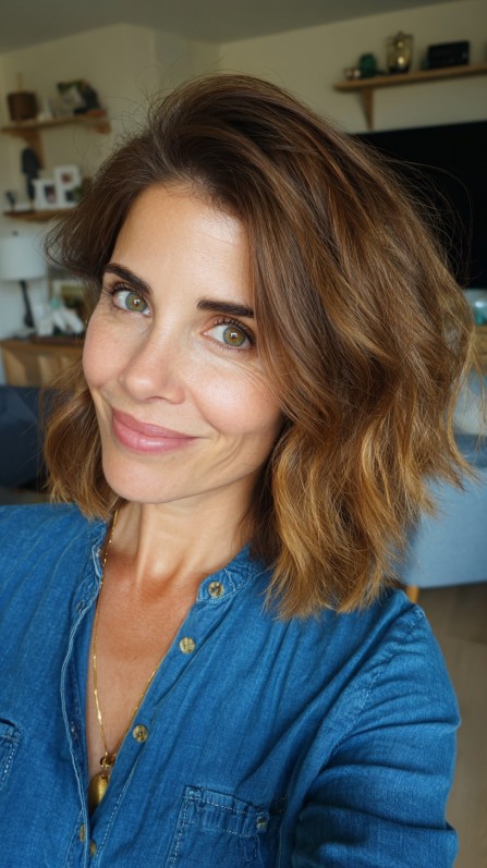 Textured Wavy Lob with Golden Balayage Highlights