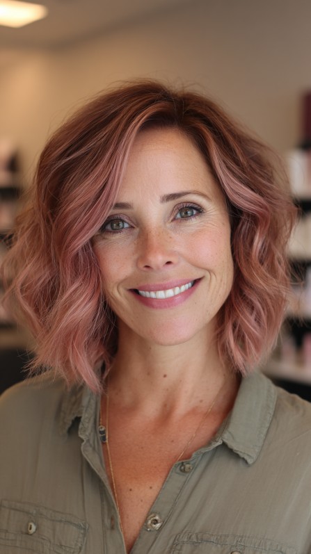 Textured Wavy Lob with Subtle Rose Tones