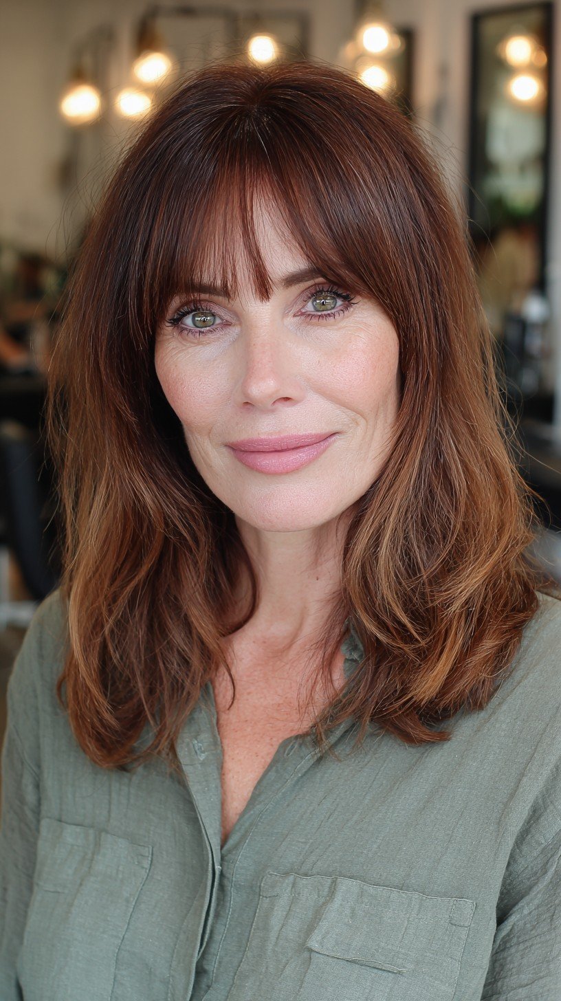 Warm Copper Waves with Face-Framing Bangs