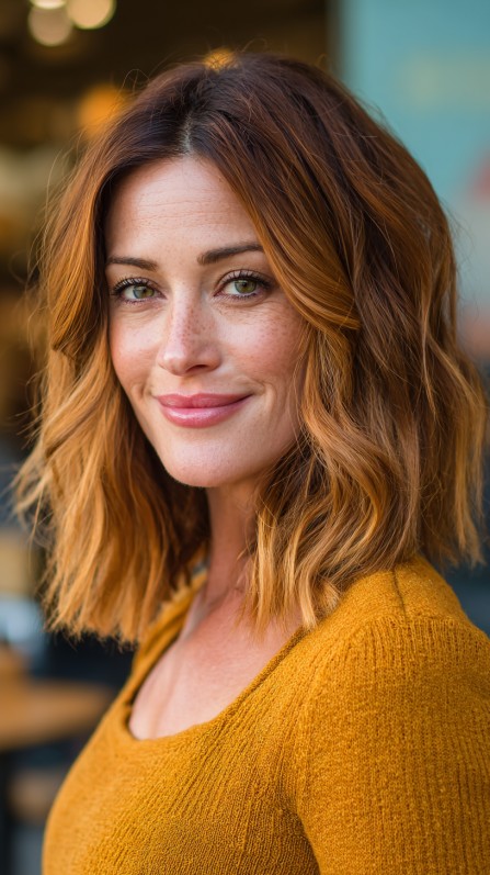 Warm Textured Lob with Golden Balayage Highlights