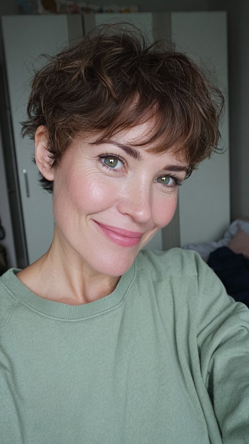 Chic Short Curly Cut with Soft Bangs