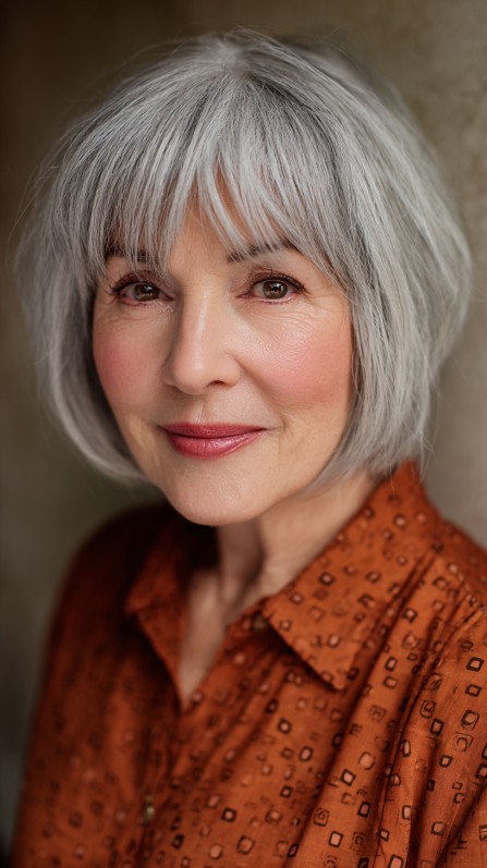 Chic Silver Jaw-Length Bob with Soft Curtain Bangs
