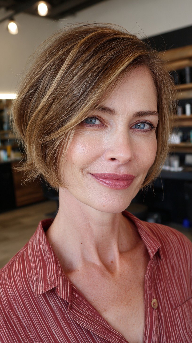 Chic Textured Bob with Subtle Caramel Highlights