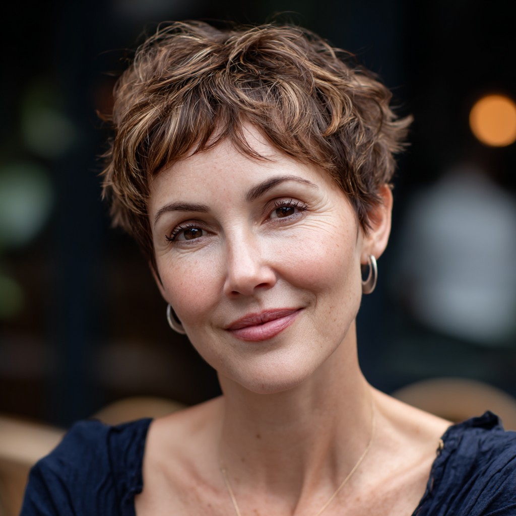 Chic Textured Brunette Pixie Cut with Defined Curls
