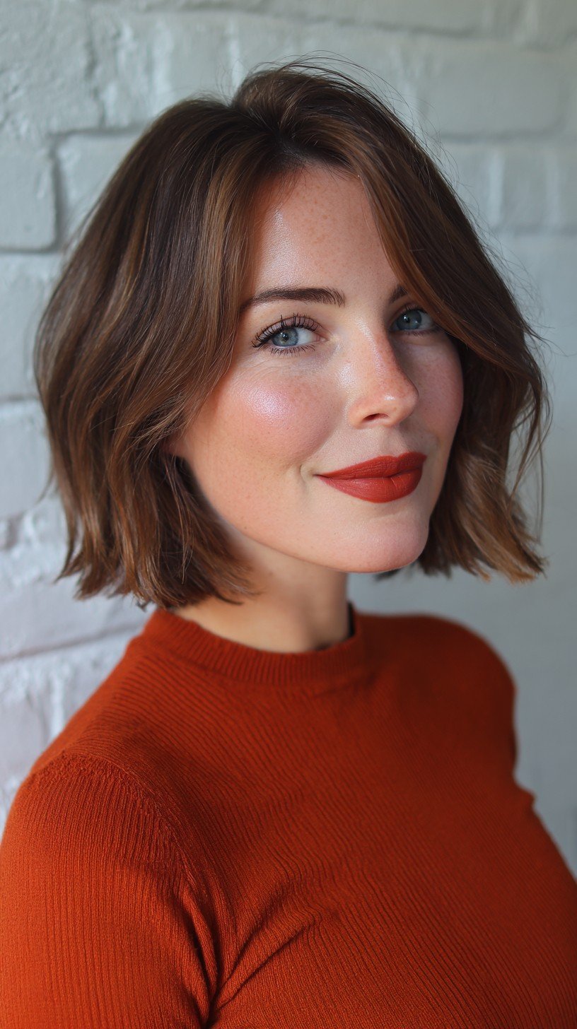 Chic Textured Lob with Warm Brunette Highlights