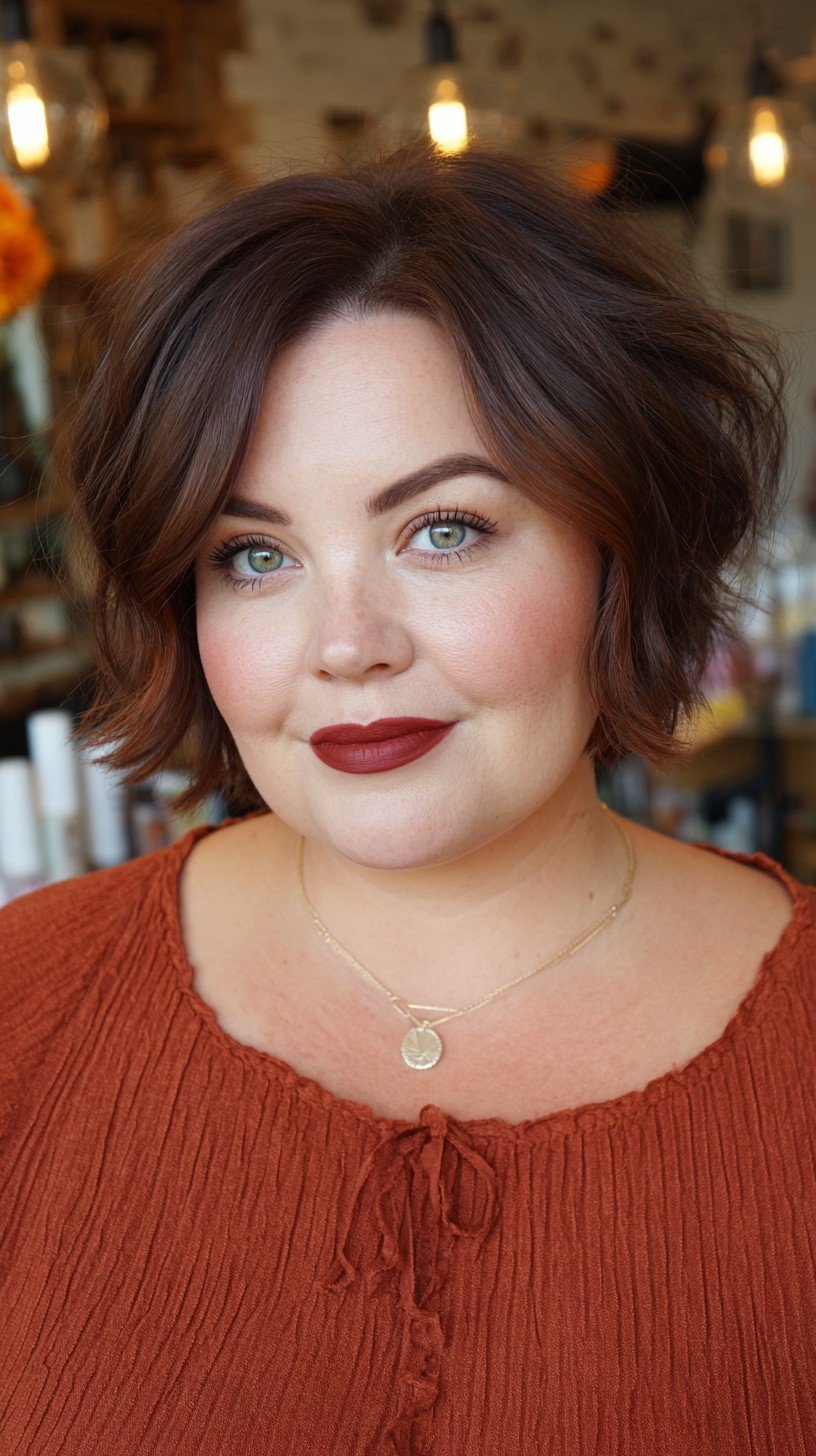 Chic Tousled Bob with Warm Chestnut Highlights