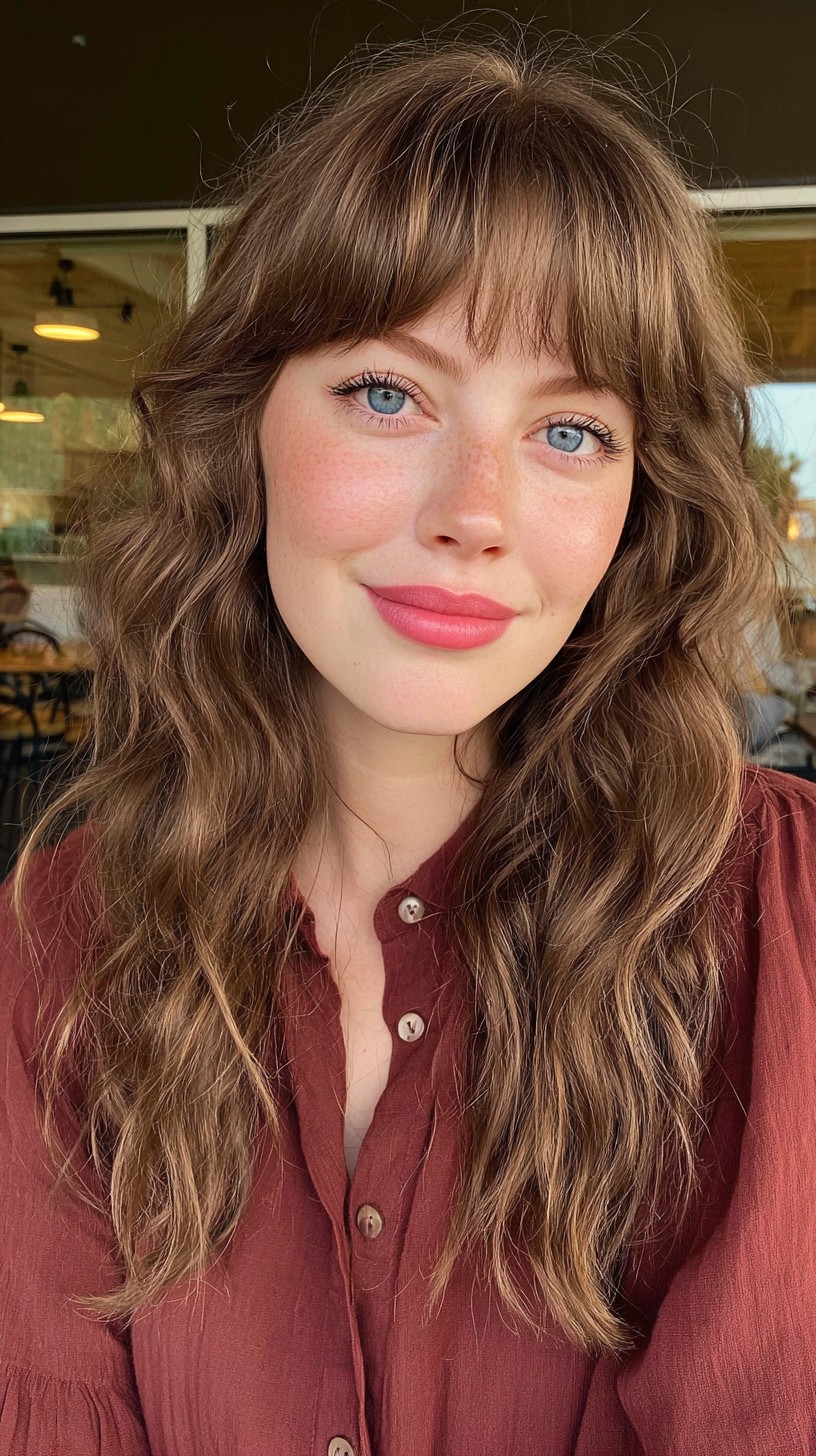 Effortlessly Tousled Long Waves with Soft Bangs