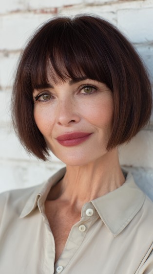 Elegant Chocolate Bob with Soft Bangs