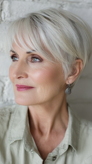 Elegant Silver Pixie Cut with Soft Bangs