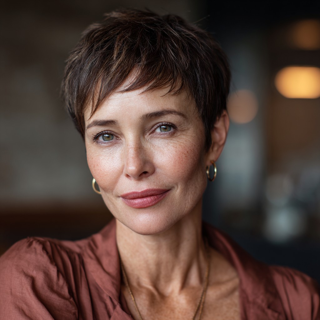 Modern Brunette Pixie Cut with Subtle Textured Layers