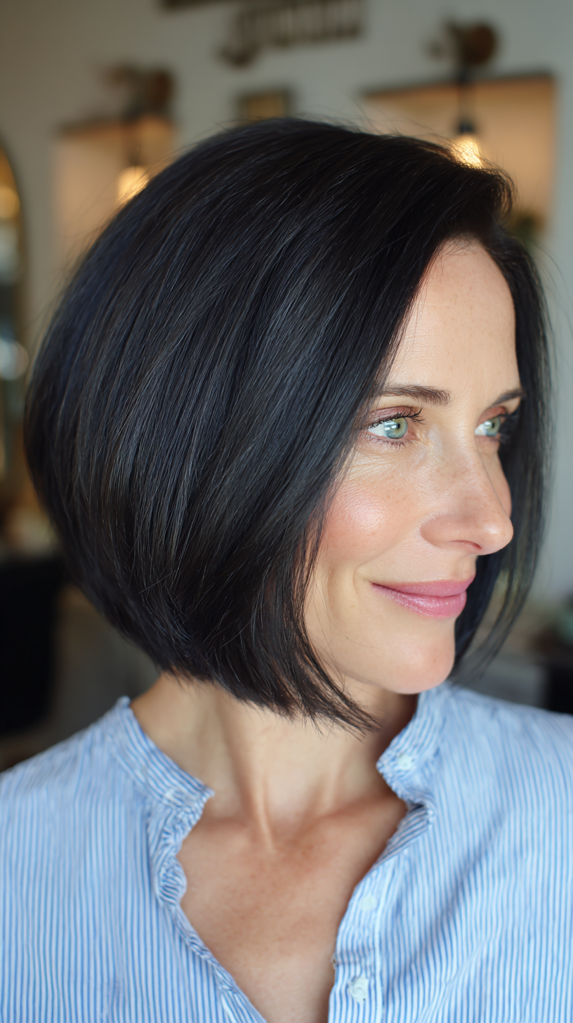 Polished Jet Black A-Line Bob with Subtle Texture
