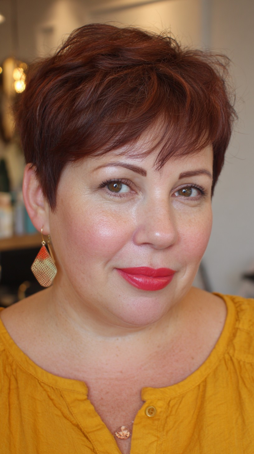 Stylish Short Textured Pixie Cut with Rich Auburn Color