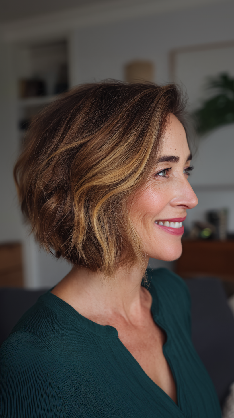 Textured Golden A-Line Bob with Soft Curls