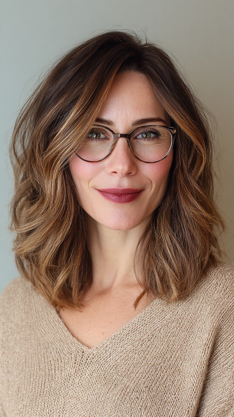 Textured Mid-Length Waves with Warm Caramel Highlights