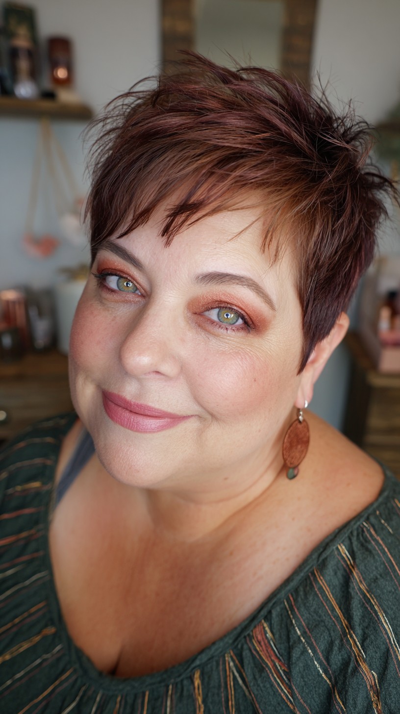 Textured Short Pixie Cut with Rich Burgundy Highlights