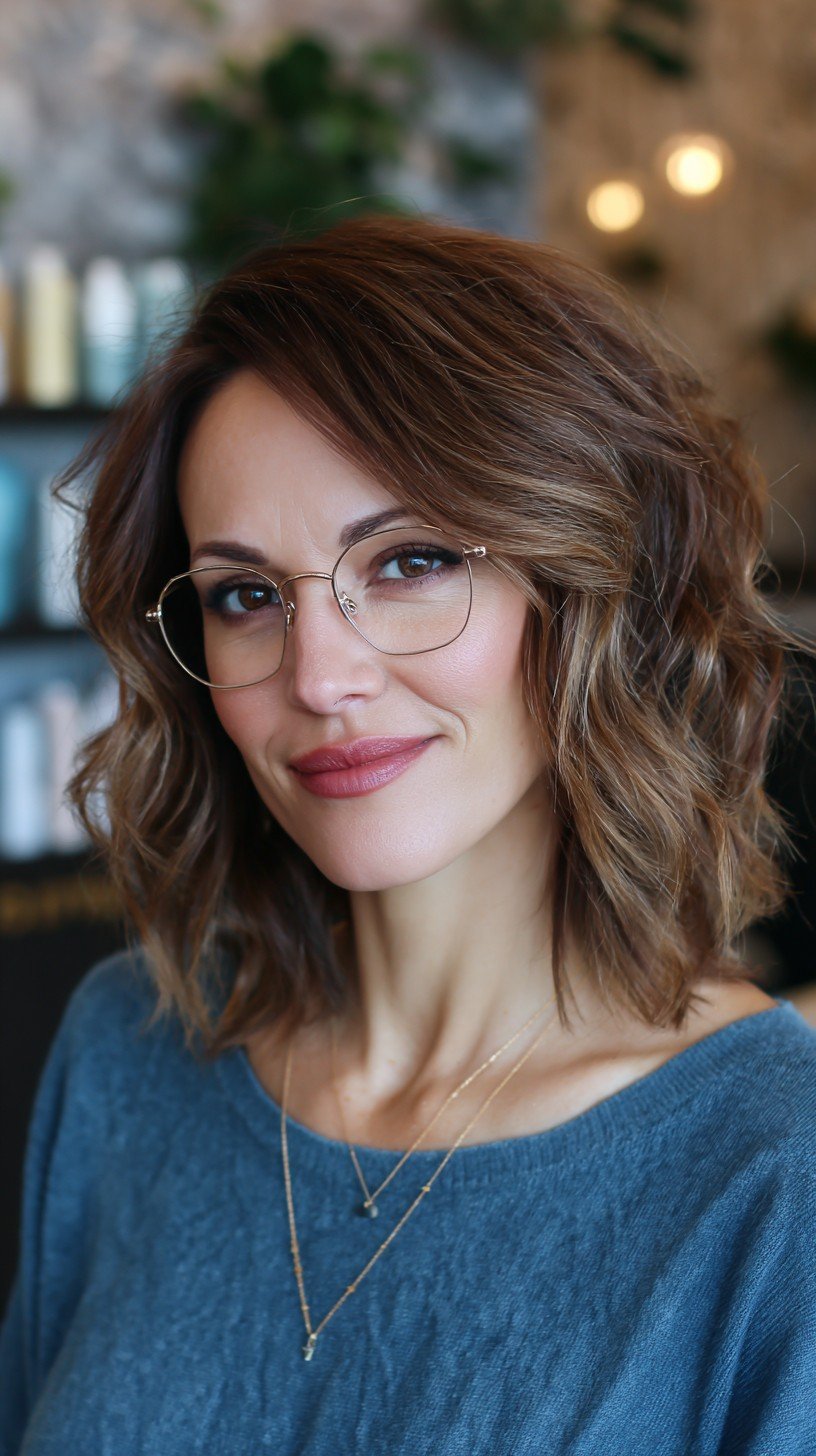 Textured Shoulder-Length Waves with Warm Brown Highlights