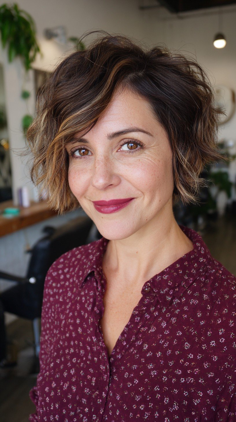 Textured Wavy Bob with Dark Roots and Golden Highlights