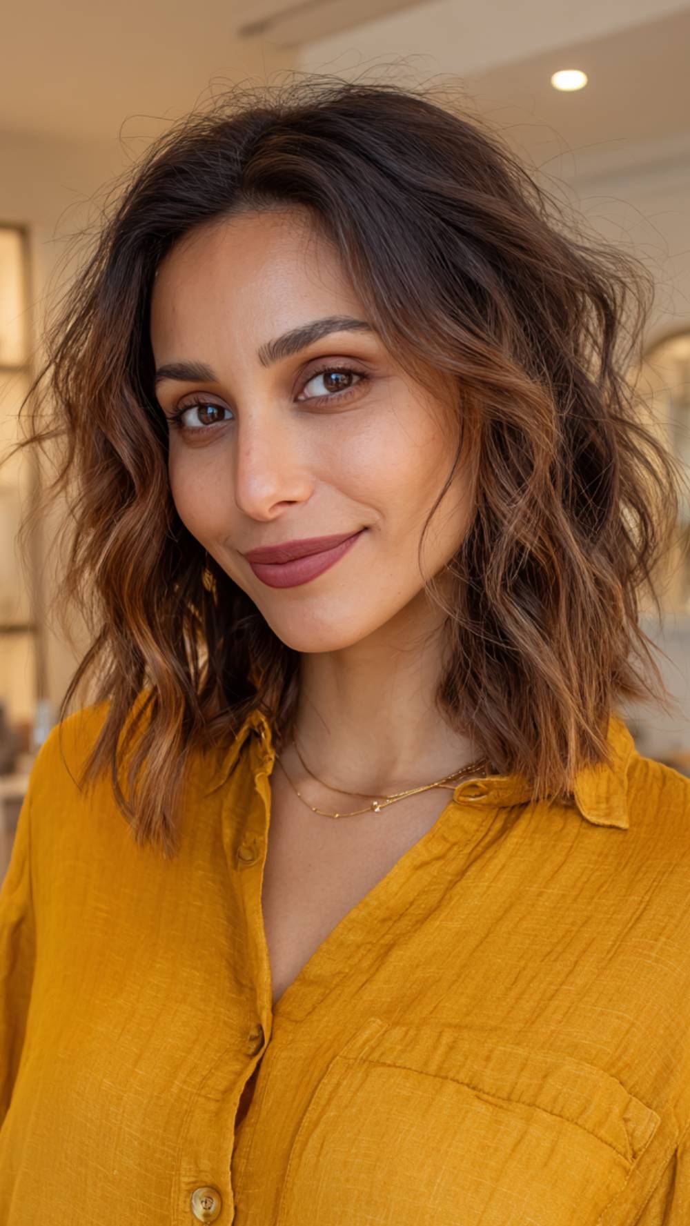 Textured Wavy Lob with Rich Caramel Highlights