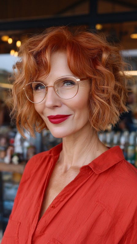 Vibrant Copper Jagged Bob with Defined Curls