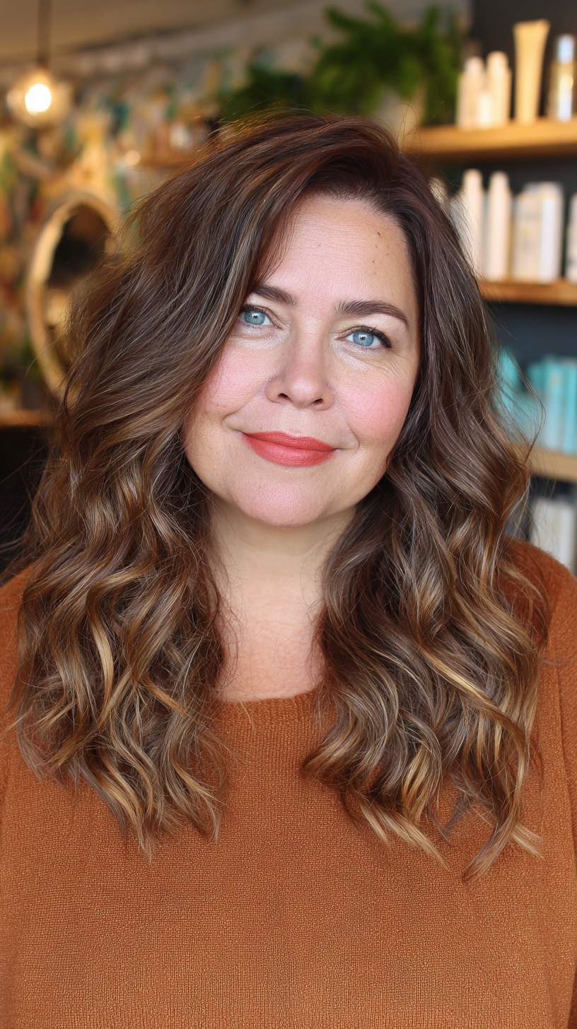 Warm Chestnut Curls with Subtle Highlights