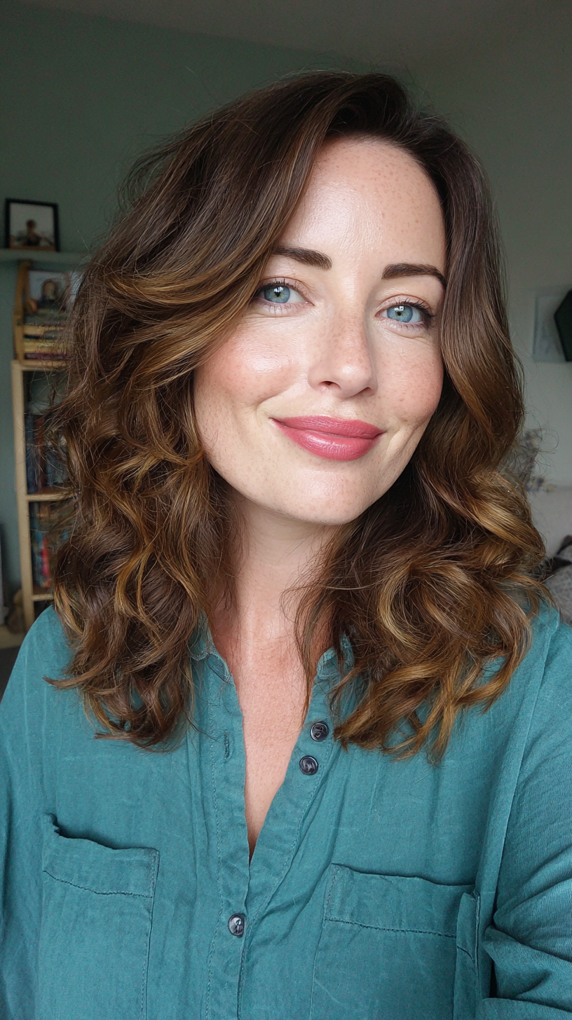 Beautifully Textured Medium-Length Waves with Warm Chestnut Highlights