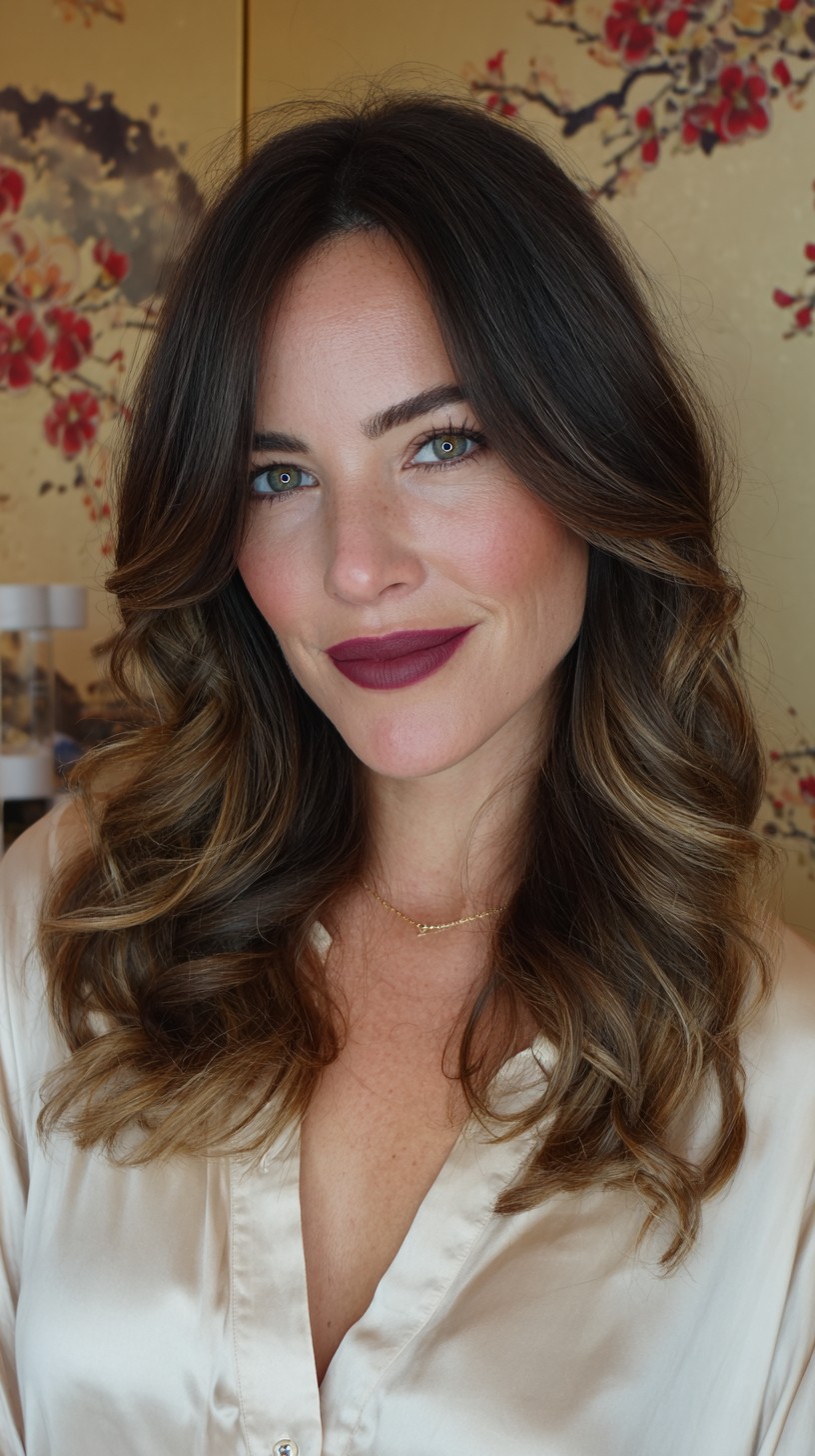 Elegant Long Layered Waves with Golden Highlights