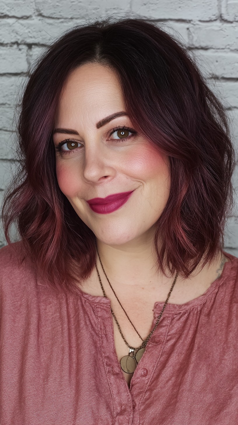 Modern Textured Lob with Rich Burgundy Undertones