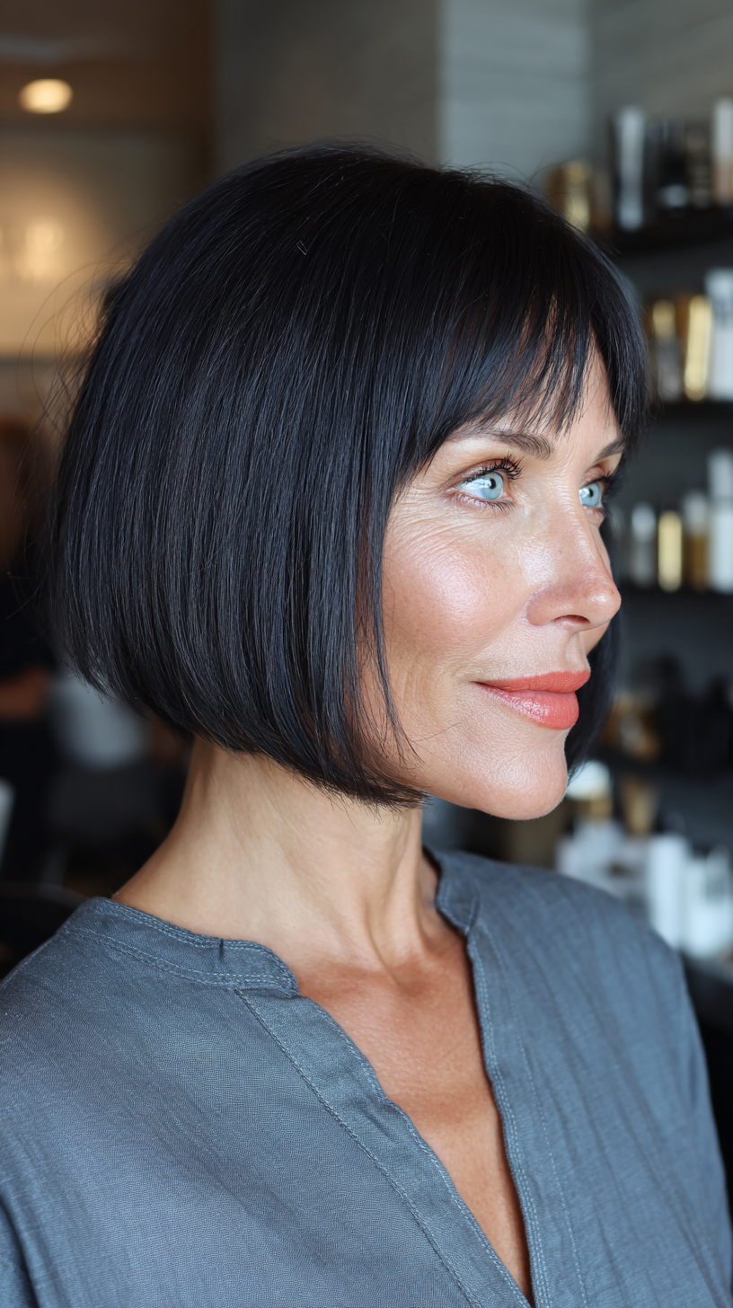Polished Jet Black A-Line Bob with Subtle Fringe