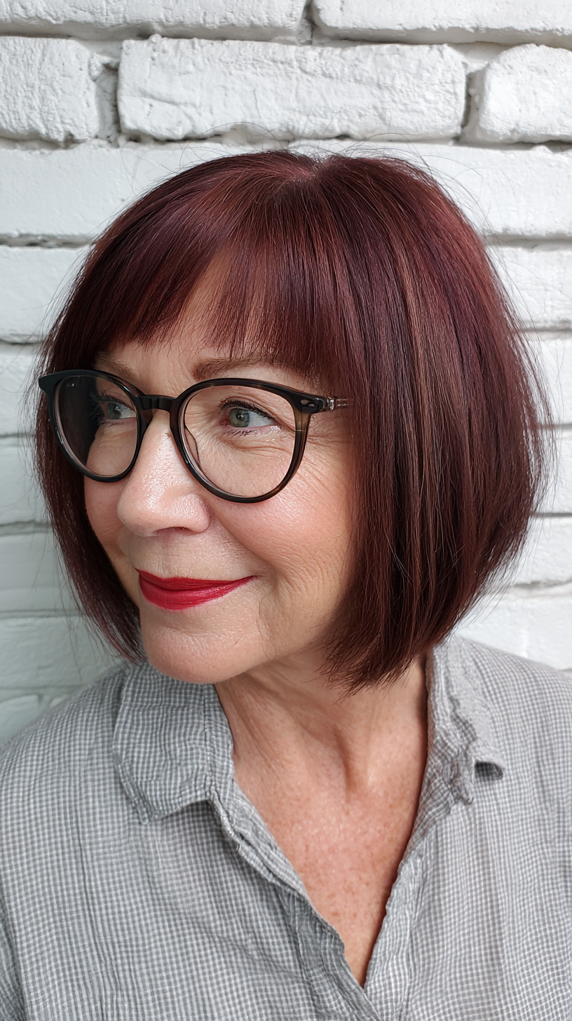 sleek burgundy bob with soft bangs