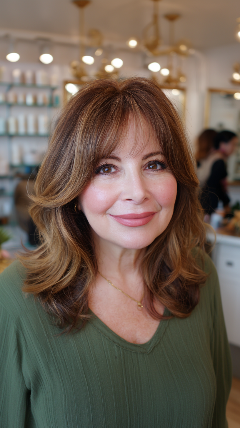 Soft Layered Waves with Subtle Face-Framing Bangs